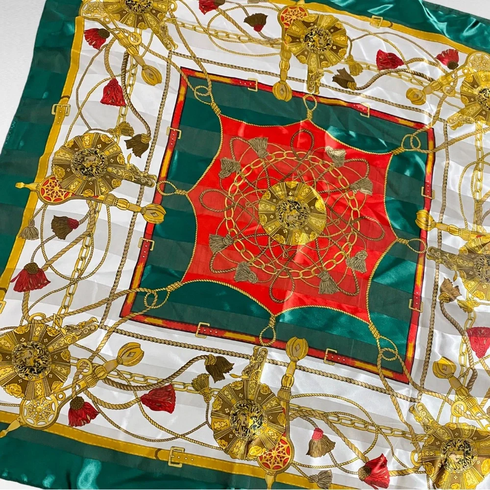 VINTAGE | 1980’s Multicolored Green Satin Square Medallions Tassels Scarf